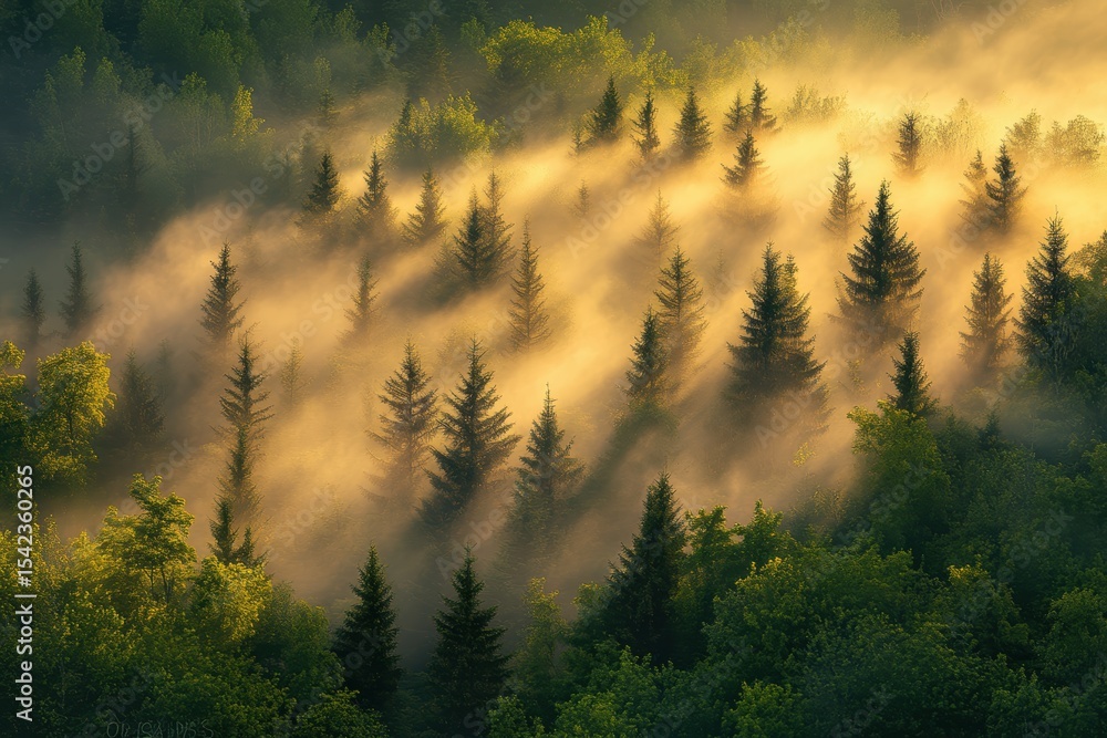Poster sunlight filters through morning mist over lush green forest canopy creating beams of light in sceni
