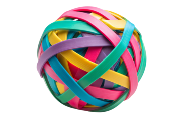 A colorful ball of string with a rainbow pattern