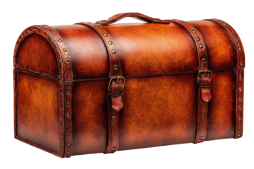 A brown leather trunk with brass hardware and a gold buckle