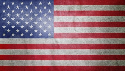 grungy textured american flag painted on rough concrete wall with faded red stripes and distressed blue field for patriotic web design, poster, or branding background

