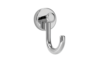 A silver hook is hanging from a wall