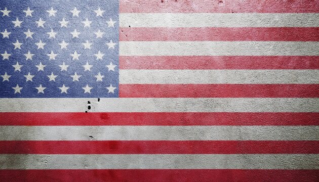 grungy textured american flag painted on rough concrete wall with faded red stripes and distressed blue field for patriotic web design, poster, or branding background

