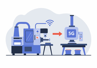 5G stream connects a CNC machine to a digital control panel, showcasing industrial automation and high-speed data transfer. Modern, clean design.