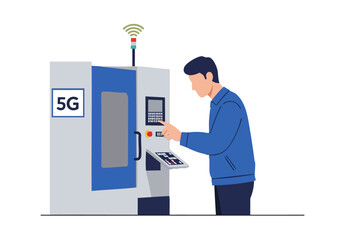 A man interacts with a 5G-enabled CNC machine, showcasing industrial automation and connectivity. Modern, digital, and professional.