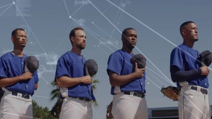 Camera panning showing baseball team holding caps over hearts at pregame HUD linking uniforms - Powered by Adobe