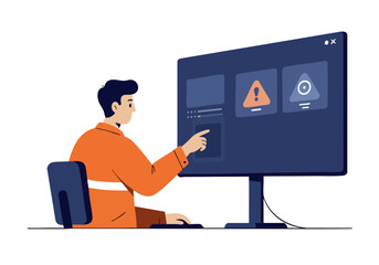 A man monitors a computer screen displaying alerts. Modern, digital monitoring concept. Clean, professional design.