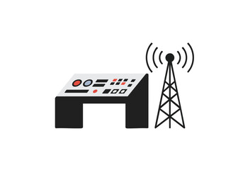 Modern 5G signal illustration featuring a control panel and transmitting tower. Clean, graphic design with a blue background. Ideal for technology and communication concepts.