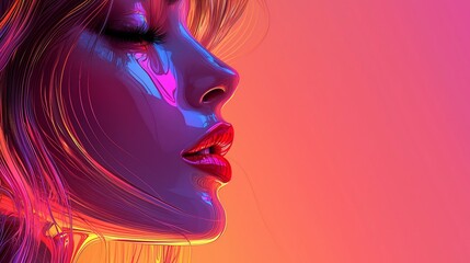 Neon Dreams: A vibrant digital art portrait of a woman with flowing, colorful hair, exhibiting a serene and mysterious aura.