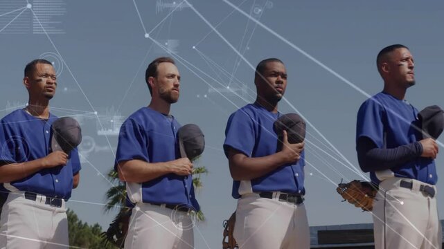 Camera panning showing baseball team holding caps over hearts at pregame HUD linking uniforms