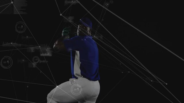 Pitcher shifting and coiling for pitch, releasing baseball amid data overlays for analytics