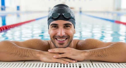 Happy young man in a swimming cap and goggles looking at camera from the pool. Ideal for illustrating recreation, training, and aquatic activities.