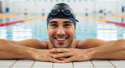 A cheerful male swimmer with goggles and a cap smiles broadly while leaning on the edge of a pool. Perfect for sports, fitness, and healthy lifestyle themes.