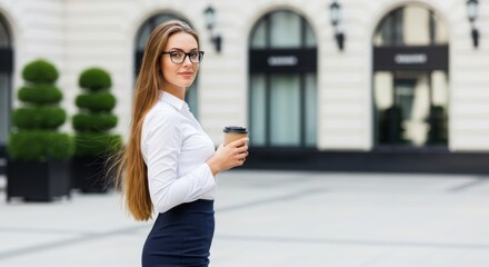 A confident young businesswoman with long hair and glasses holds coffee, looking at the camera. Perfect for corporate, urban, and professional themes.