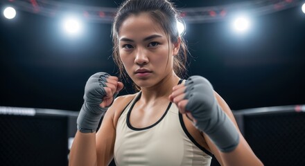 A determined young female fighter with hand wraps looks intensely at the camera in a professional boxing ring. Symbolizes strength, empowerment, and combat sports.