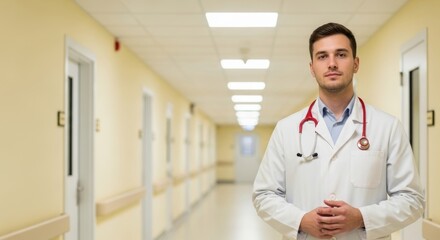 A confident young male doctor in a white coat with a stethoscope stands in a brightly lit hospital corridor. Ideal for medical, healthcare, and professional themes.