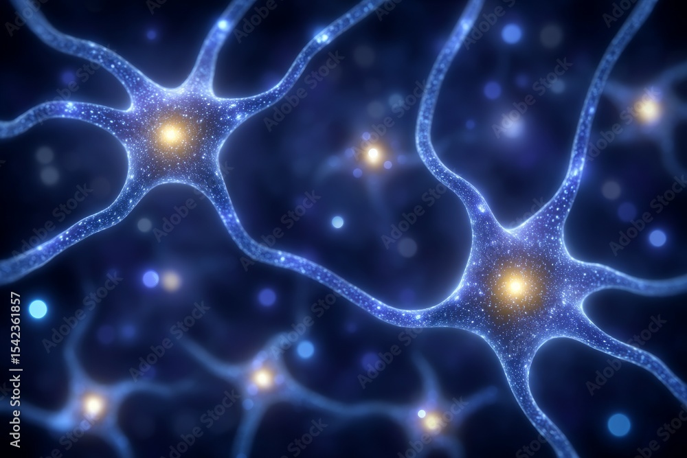 Poster glowing neural network: synapses and neurons in a cosmic blue environment