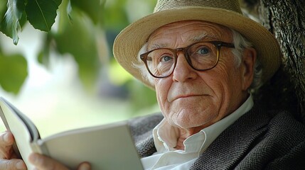 Elderly man reads a book under a tree