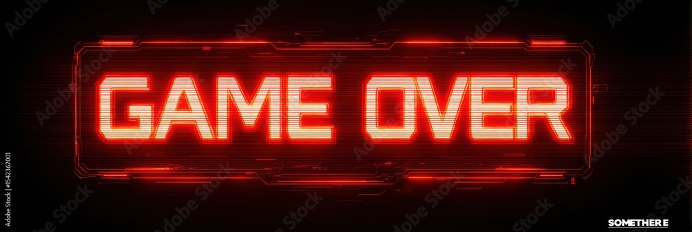 Poster Glowing Red Game Over Screen in Futuristic Glitch Style With a Blank Top Margin Displaying Digital Text