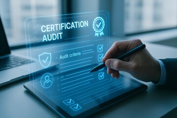 Certification audit process with digital checklist in office setting
