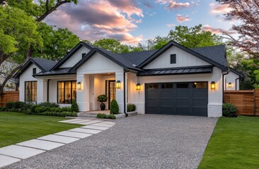 the exterior front view of an single family house in Austin, Texas with white walls and black trim at sunset