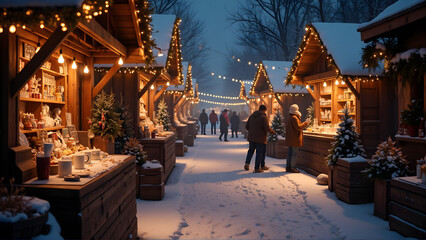 holiday market with twinkling string lights, intricate wooden stalls with crafts, steaming mugs of cocoa, cozy wintery and cozy, wintery