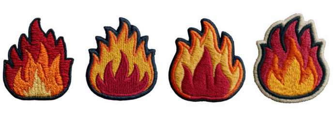 Four embroidered fire flame patches are isolated on transparent background, each with varying shades of red and orange