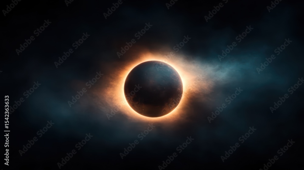Poster a mesmerizing cosmic scene depicting a solar eclipse with surrounding ethereal clouds, creating a dr