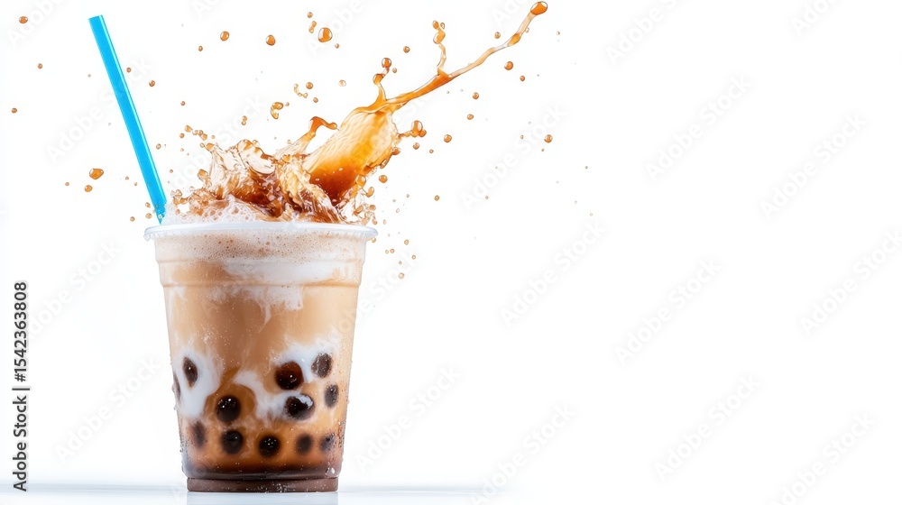 Poster a dynamic splash of tea erupts from a cup filled with tapioca pearls, creating an engaging, playful 
