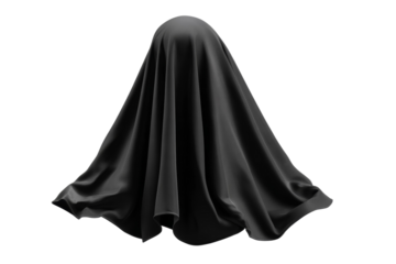 A black cloth is draped over a person's head, creating a sense of mystery