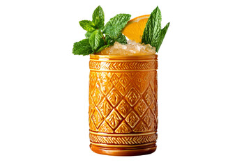 A glass of a drink with a lime wedge and a sprig of mint