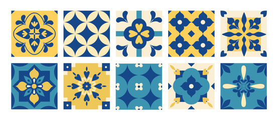 Mediterranean traditional pattern. Greek, Italian, Portuguese, Spanish blue and yellow tiles. Floral geometric square background. Wall and floor interior design. Amalfi coast. Mosaic. Vector.
