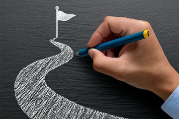 Hand drawing chalk path on blackboard with flag marker