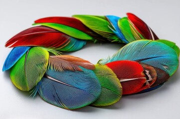 Vibrant feather wreath showcasing nature's colors and intricate details in artistic display of avian beauty