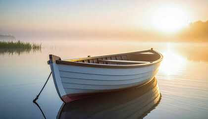 A small white boat is floating on a lake with a sun in the background. The sun is setting, creating a warm and peaceful atmosphere