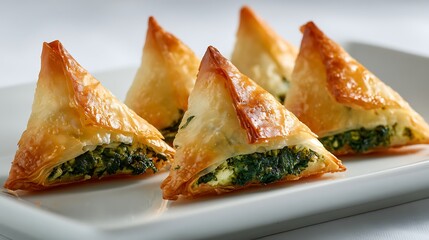 Gourmet spanakopita slice cut open on a wooden board, flaky crust detail highlighted
