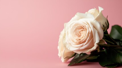 Fototapeta premium A beautiful white rose lies gently against a soft pink background, symbolizing purity and elegance, making it an ideal image for romantic themes or special occasions.