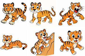 Obraz premium Cartoon Tiger Poses Orange And Black Predator Cute Feline Wildcat
