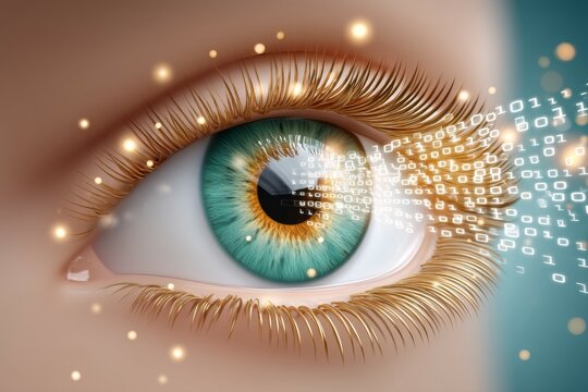 Futuristic digital eye with binary code overlay