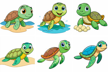 Obraz premium Adorable Cartoon Turtle Illustration Collection of Sea and Land Animals
