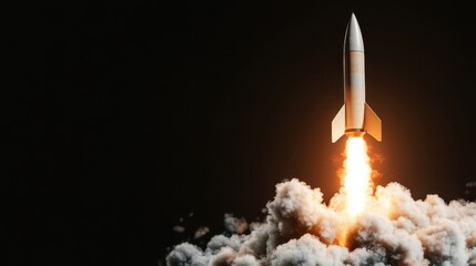 Naklejka premium A powerful rocket launches into the sky, trailing fiery exhaust amid thick clouds, symbolizing exploration, ambition, and the relentless pursuit of reaching new heights.