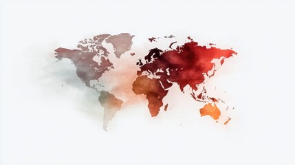 A beautifully rendered watercolor world map in shades of red and gray, showcasing continents with artistic flair, representing global interconnectedness and cultural diversity.