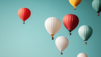 Obraz premium A captivating scene of colorful hot air balloons gracefully floating in a clear blue sky, capturing the essence of adventure, freedom, and the beauty of exploring the skies.