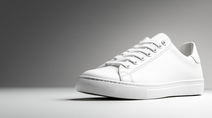 A pair of elegant white sneakers takes center stage in this image, presented against a gradient background that enhances their design, offering a fresh and stylish look.