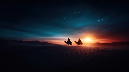 Fototapeta premium A dramatic sunset scene capturing the silhouette of two figures riding camels, evoking a sense of adventure, exploration, and the beauty of nature's transitions at dusk.
