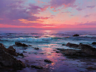 pink sunset over rocky shore with gentle waves