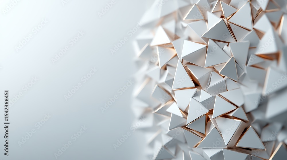 Poster a close-up of intricate white pyramid structures forming an abstract composition, reflecting modern 