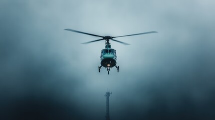 A striking aerial view features a helicopter emerging from dense clouds, evoking a sense of adventure and exploration amidst the mysterious atmosphere of the sky.