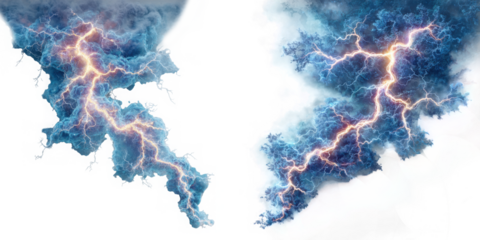 Abstract blue lightning storm clouds isolated on transparent background