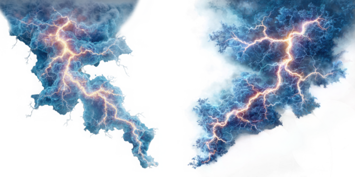 Abstract blue lightning storm clouds isolated on transparent background