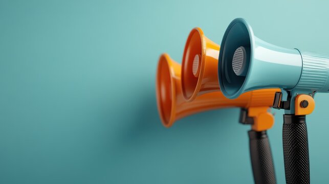 Three megaphones in striking orange and blue hues are against a soft turquoise background, symbolizing communication and creativity, appealing to marketing and advertising sectors.